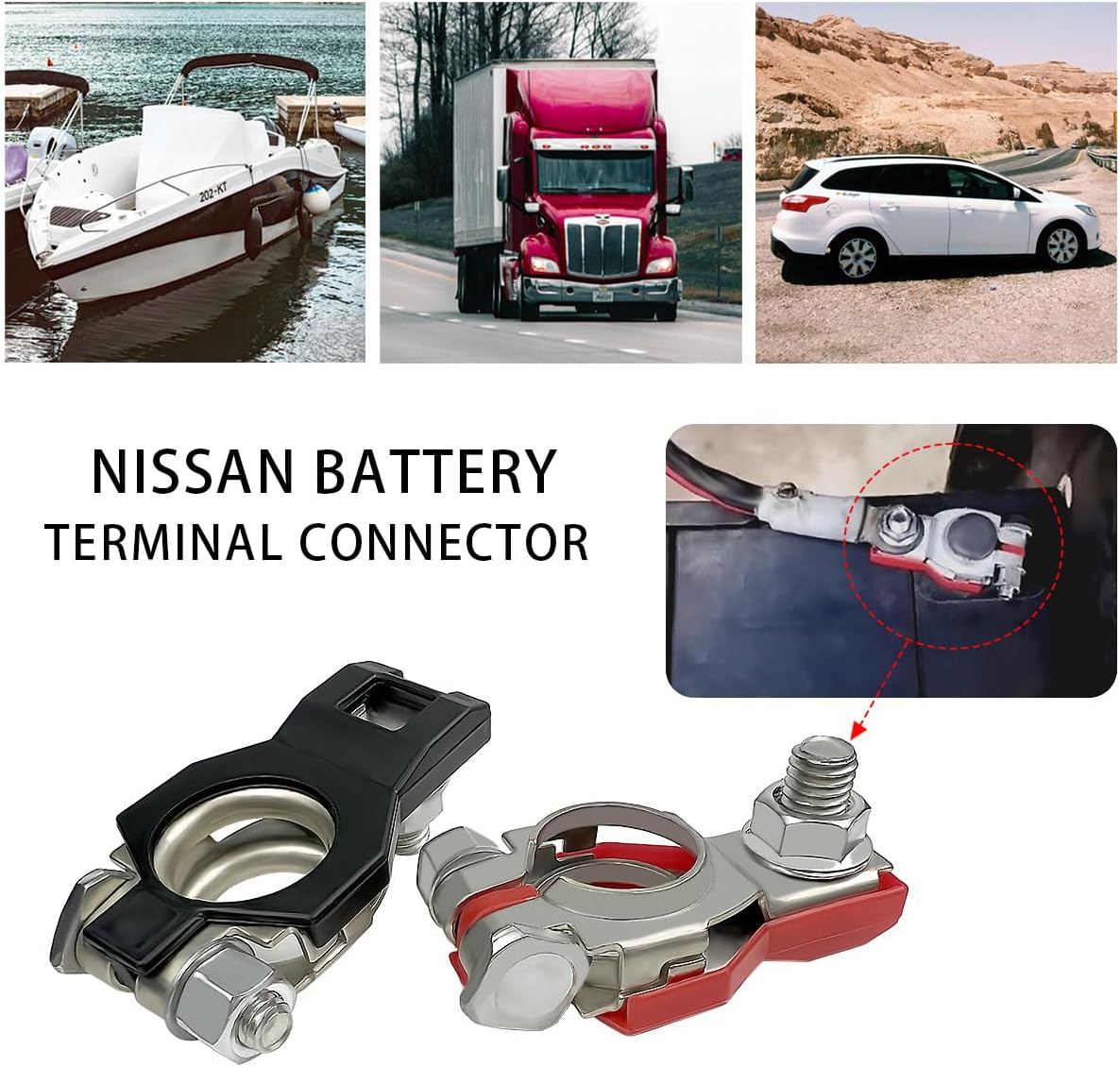 Battery Terminal Connector 1 Pair, Positive & Negative Top Post with Plastic Bottoms, Universal for Nissan 243407F000 243407F001 Maxima, Rogue, Sentra, Murano, SUV, Van, Truck