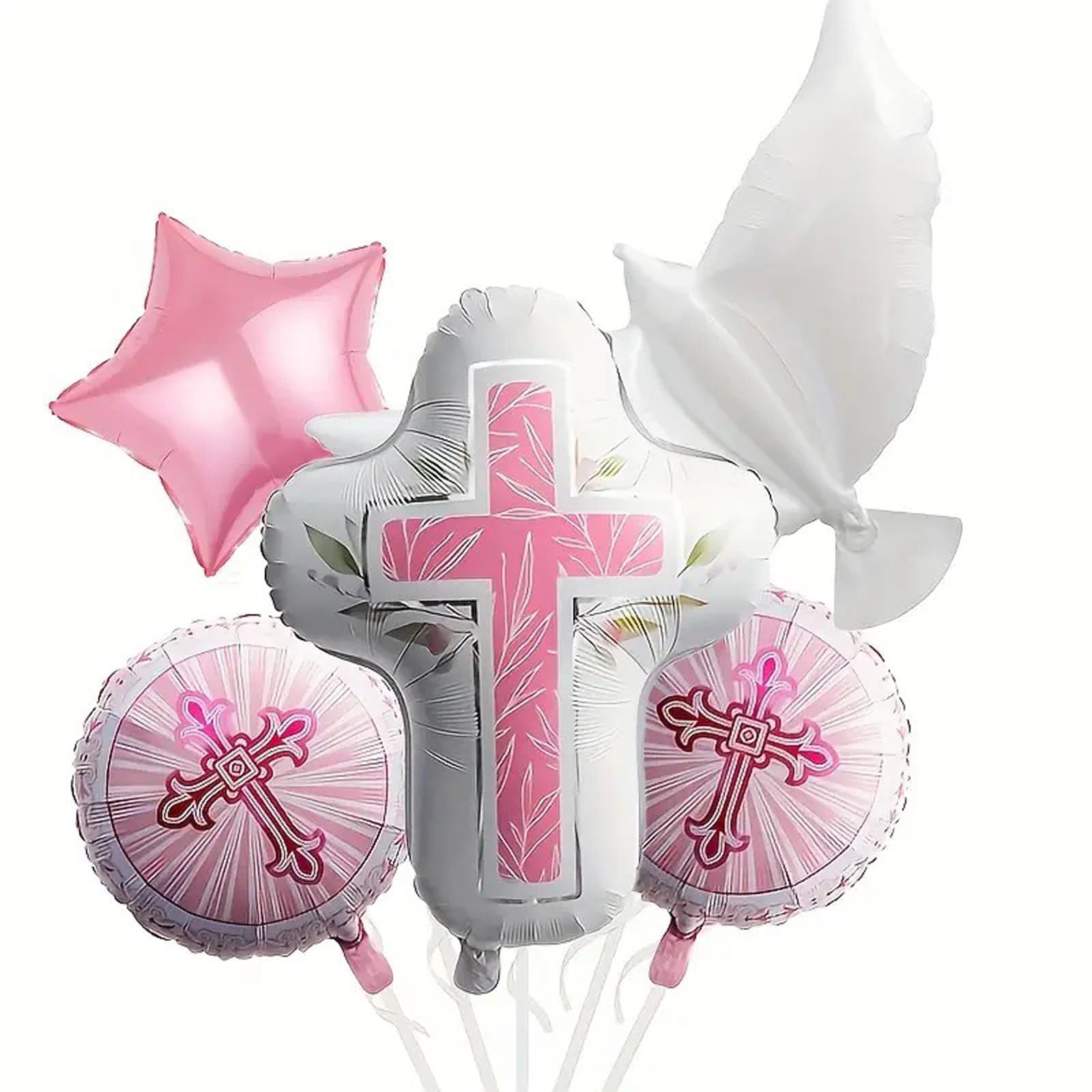 First Holy Communion Decorations - Religious Theme Foil Balloons Set for Baptism Party (5-Piece) Includes Cross, Dove and Star Balloons