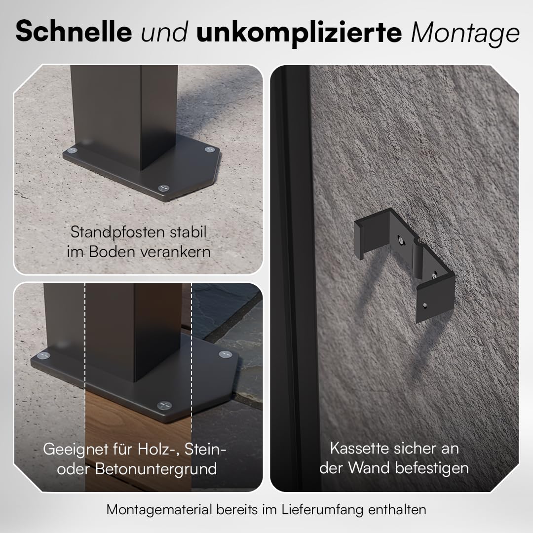 STEELSØN Zirella Seitenmarkise 200x485cm – Windschutz ausziehbar in Anthrazit – Markise wetterfest – Sichtschutz – Seitenrollo mit Wandhalterung – Sonnenschutz Blickdicht – Wandmarkise aus Aluminium