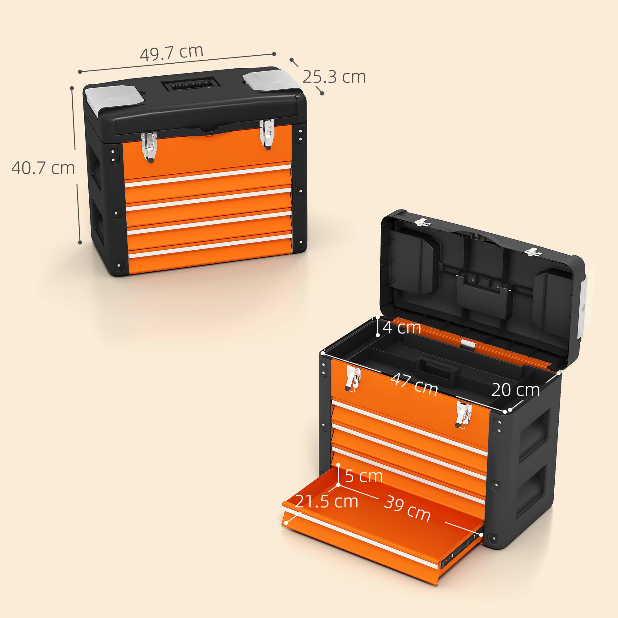 HOMCOM Cassetta Porta Attrezzi con 4 Cassetti Arancione e Nero | Scomparto Superiore, Cassettiera per Utensili e Minuterie, in Acciaio e Plastica