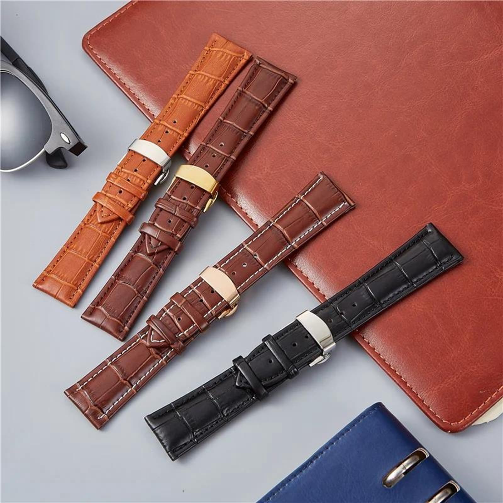 Cinturino per Orologio in Pelle Bovina di Primo Strato con Fibbia deployante a sgancio rapido 18/20/22 / 24mm per Orologi Meccanici, Quarzo