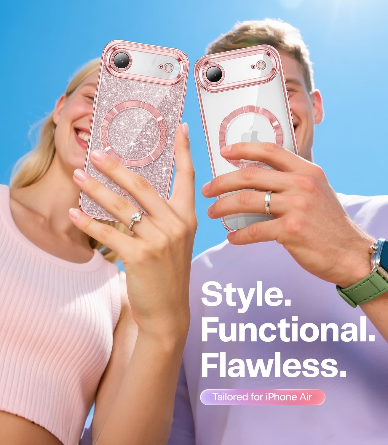 Meifigno Designed for iPhone Air Case 6.5", [Glitter Card & Wrist Strap] [Compatible with MagSafe] [2X HD Screen Protectors] Raised Lens Protection Slim Case Designed for iPhone 17 Air 2025, Rose Gold - Image 8
