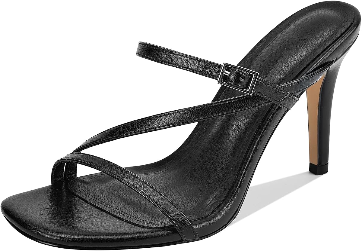 Women's Strappy Square Open Toe 3.54" Stiletto Sandals Black Brown