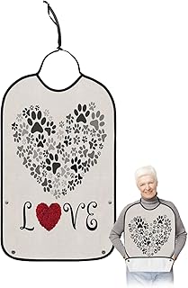 BOBOWUNY Love Heart with Dog Footprints Adult Bibs for Elder Women Men Eating, Roses Love Linen Texture Waterproof & Washable Bibs for Eating Clothing Protector Dining Bibs for Crumb Catcher