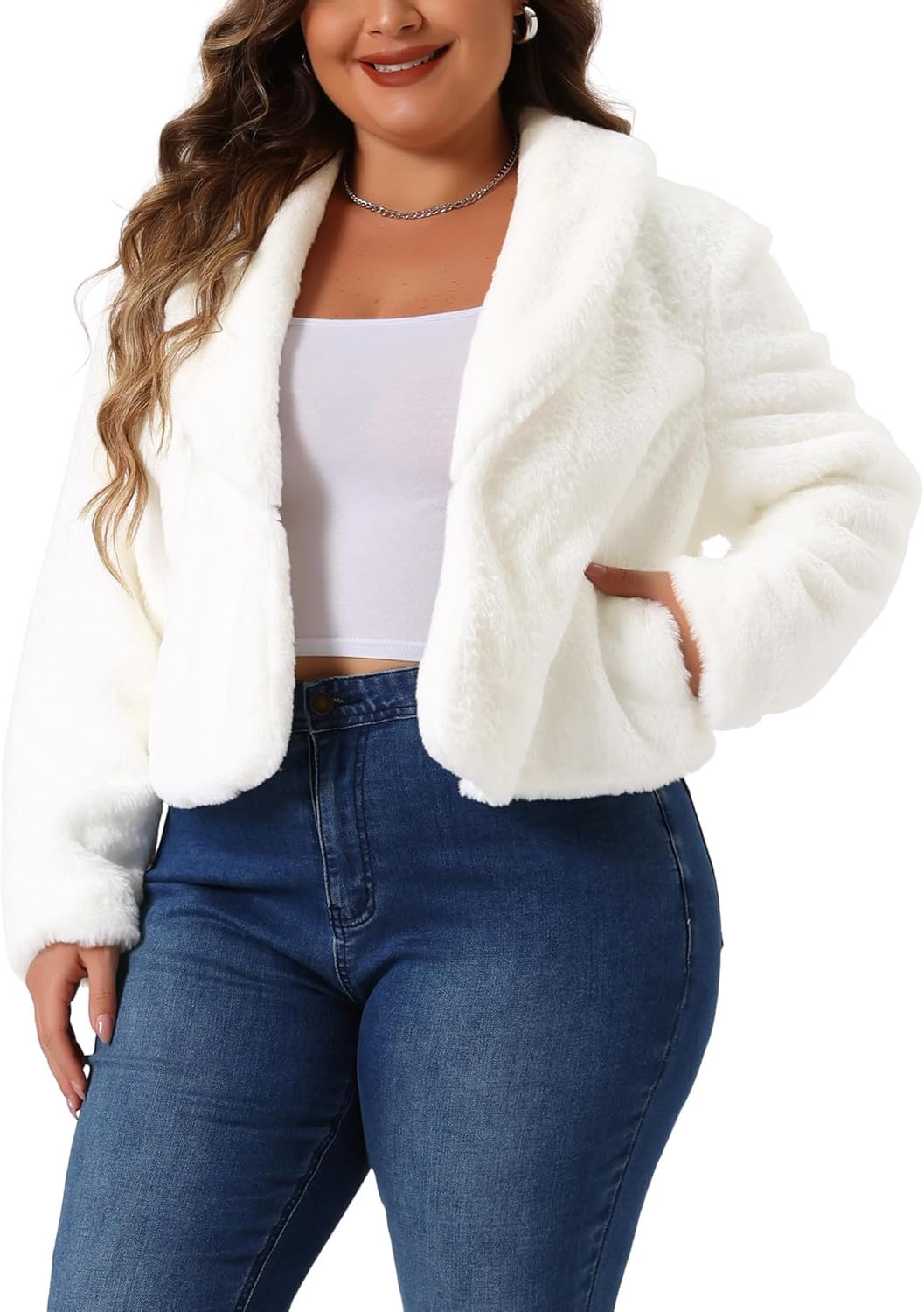 Agnes Orinda Plus Size Jacket for Women Winter Cropped Lapel Shrug Long Sleeve Faux Fur Fluffy Coat