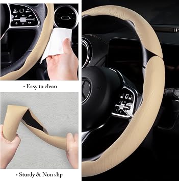 Car Steering Wheel Cover Leather Snap On 3Pcs Set Non-Slip Protector Wrap Steering Wheel Accessories 14.5-15 inch Universal Beige