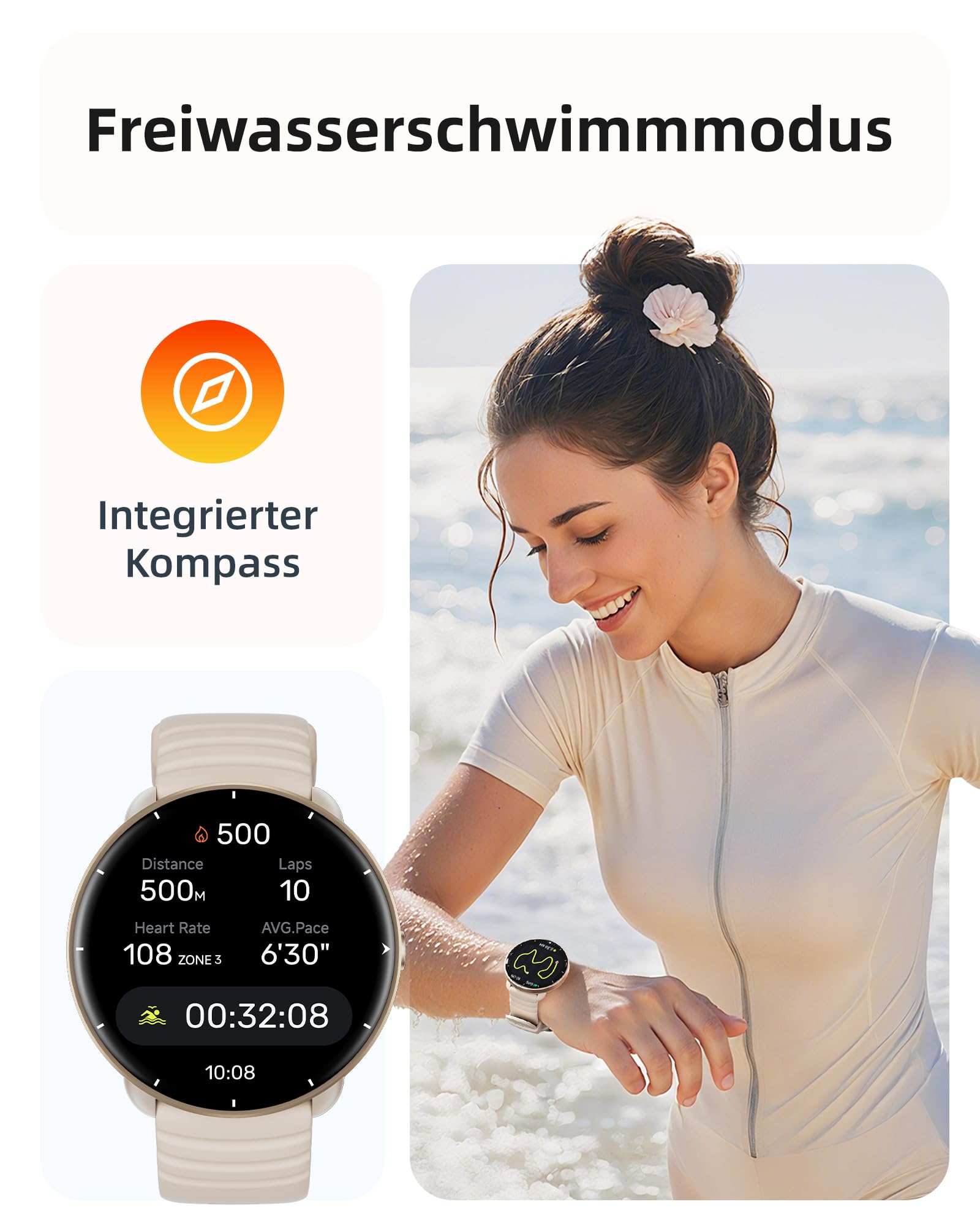 Parsonver Smartwatch Herren Damen, Eingebautes GPS, 5 ATM wasserdichte Schwimmuhr für Pool/Offenen Gewässern, Fitnessuhr mit AMOLED Display, 100+ Sportmodi, Herzfrequenz (Französisch Grau, 42 mm)