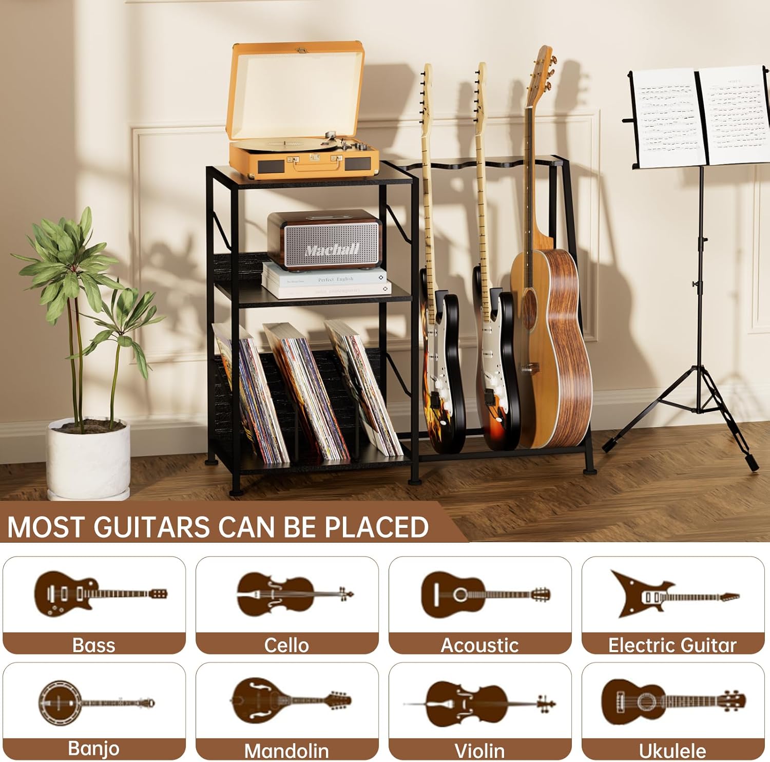 Hosfais Record Player Stand, 3 Tier Guitar Stand for Acoustic, Electric Guitar, Bass Stand, Vinyl Record Storage Up to 200 Albums, Brown Records Shelf for Living Room Bedroom (Black)