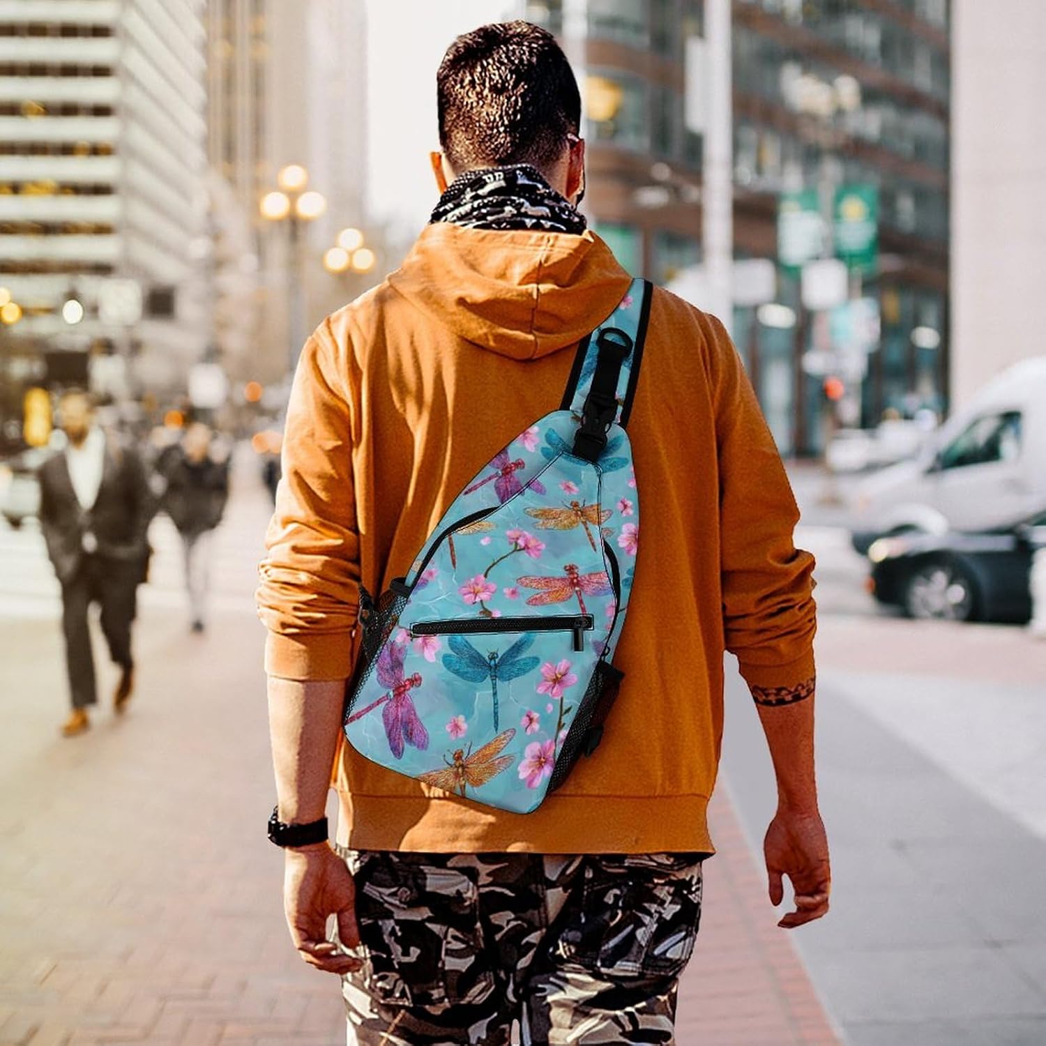 Dragonfly And Floral Men Crossbody Sling Backpack Chest Bag | Travel Fanny Pack,Hiking Daypack,Print Shoulder Bags