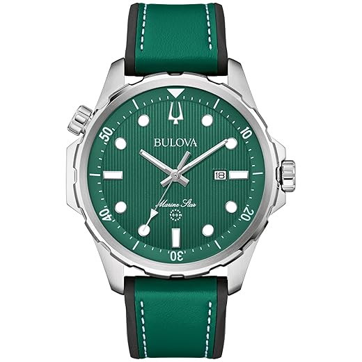 Bulova Caixa masculina de aço inoxidável prata de quartzo, estrela marinha, couro verde com alça de silicone, estilo: 96B449, Prata, Marine Star Series B Pulseira de aço inoxidável prateado de quartzo