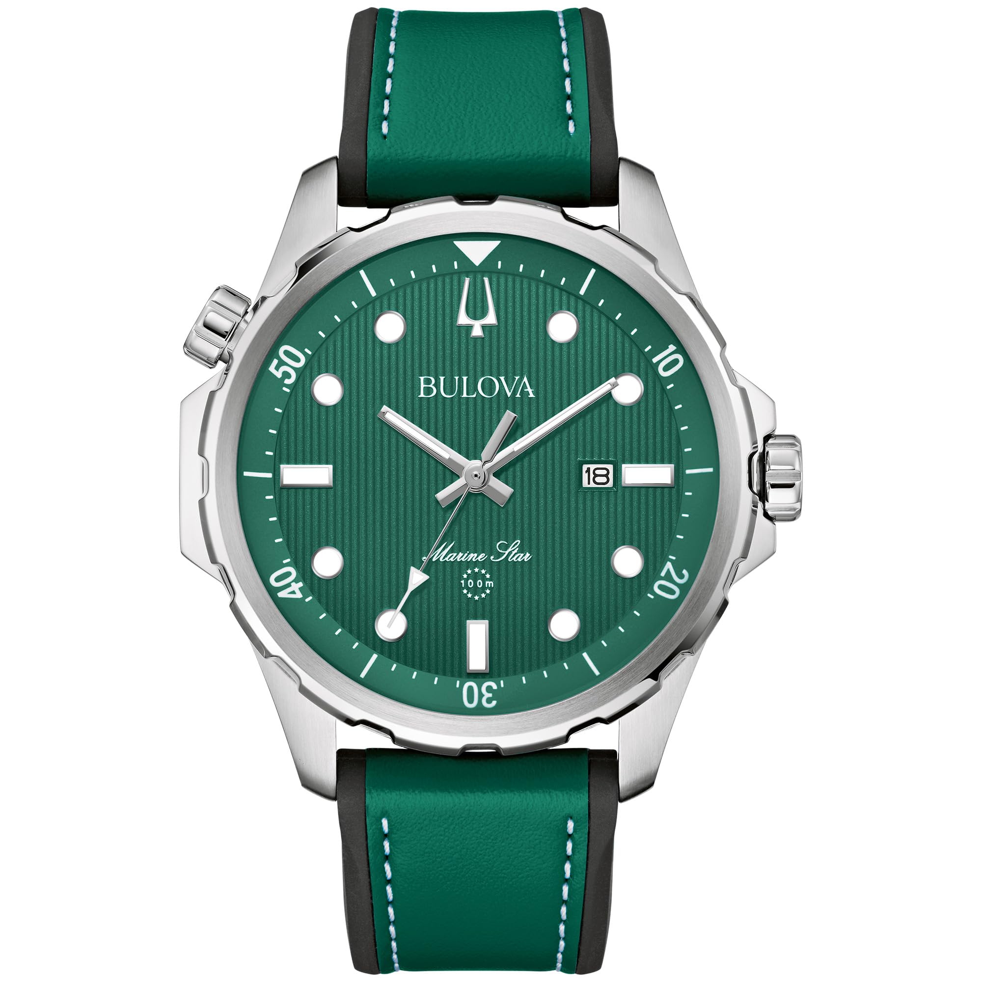 Bulova Mens Marine Star Quartz Silver Stainless Steel Watch Leather and Silicone Strap 100M Water Resistant 43mm