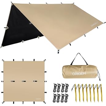 Origem Square Tarp, Lightweight, Flame Retardant, Water Pressure Resistance, 7.8 ft 18,000 mm, 19 Loops, Free Setup, Light Shield, UV Protection, Polyester, Camping, Outdoors, Climbing