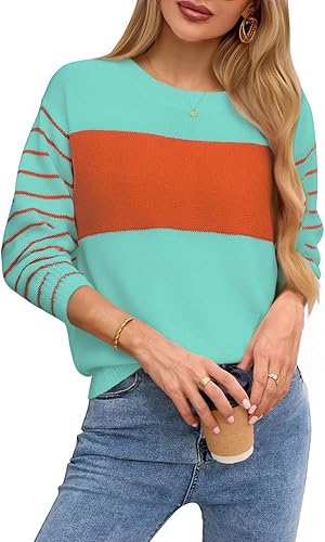 shermie Women's Color Block Pullover Sweaters Long Sleeve Crew Neck Casual Strip