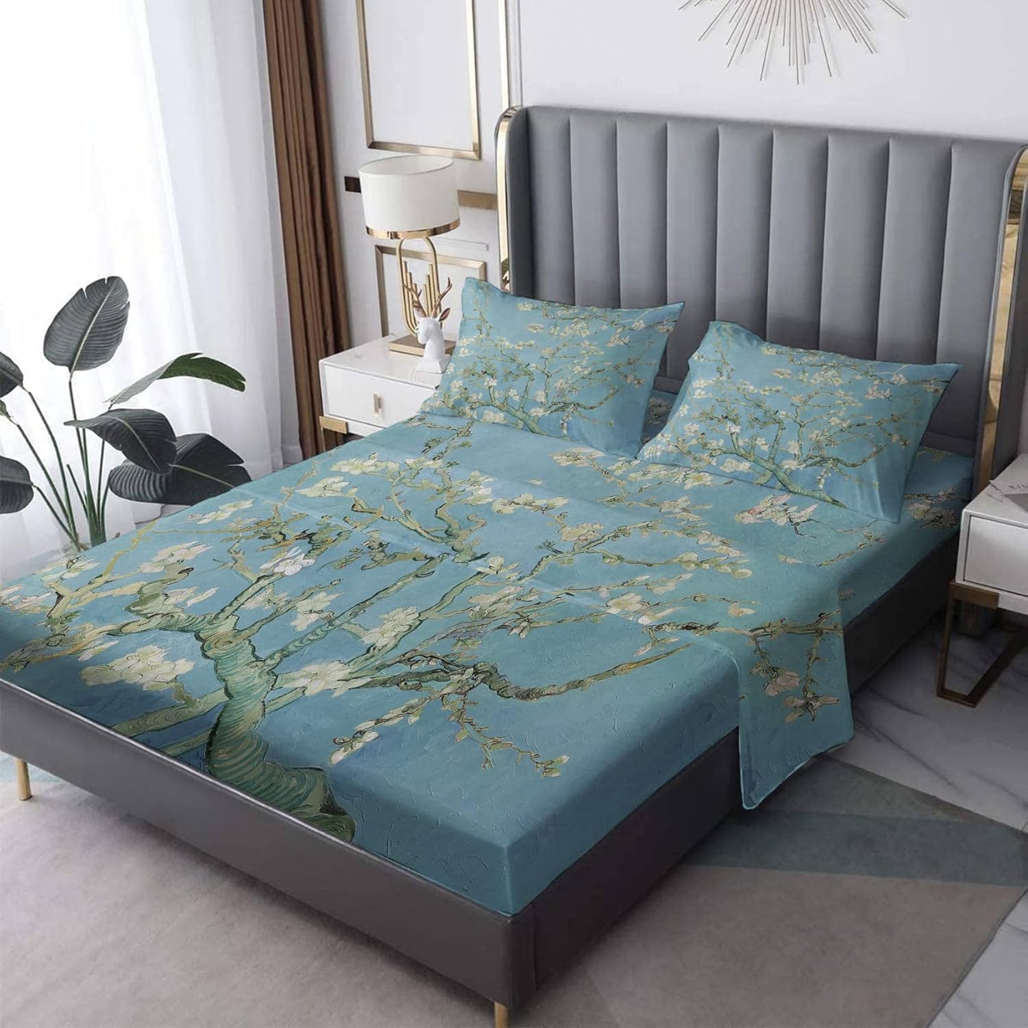 Almond Blossom Sheets Split King for Adjustable Bed, Art Bed Sheets & Pillowcases 5 Piece Set, Deep Pocket 2 Fitted Sheets & Flat Sheet & 2 Pillow Cases, Soft High Thread Count Decorative Bedding