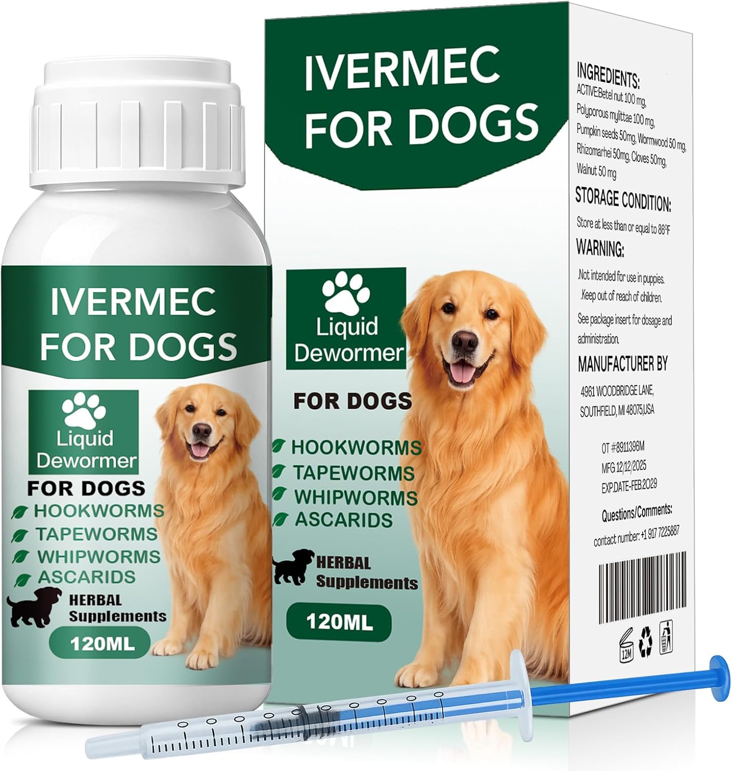 lvermect Dewormer Liquid for Dogs, Broad Spectrum for All Wormer, Pin Worms, Hookworms, Lung Worms, Round Worms