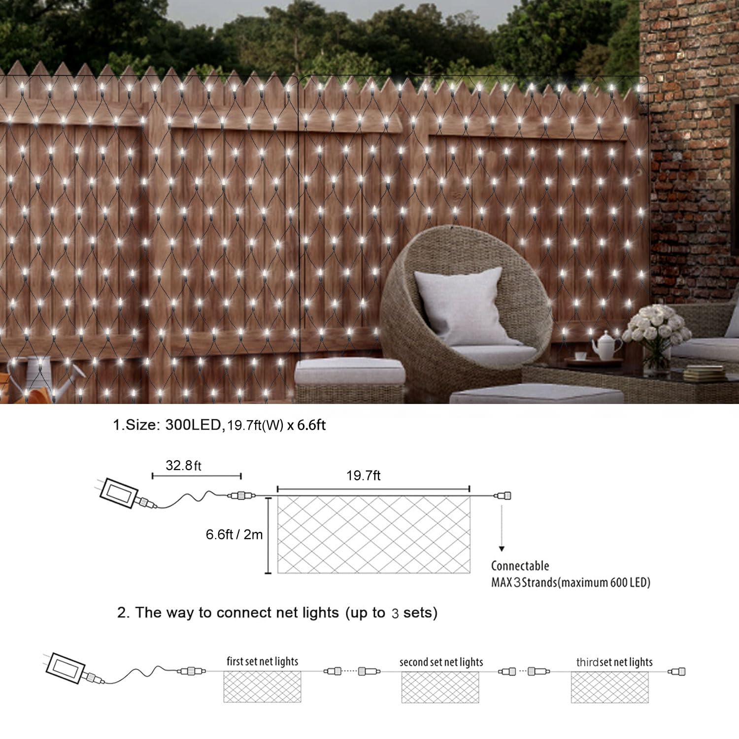 Filet Lumineuse Nettes Extérieure - Avec prise - 6 x 2 m - 300 LED - Étanche - 8 Modes Dimmable - Avec télécommande et minuterie - Décoration Extérieur Mariage Noël Fêteardin Patio Clôture- Blanc