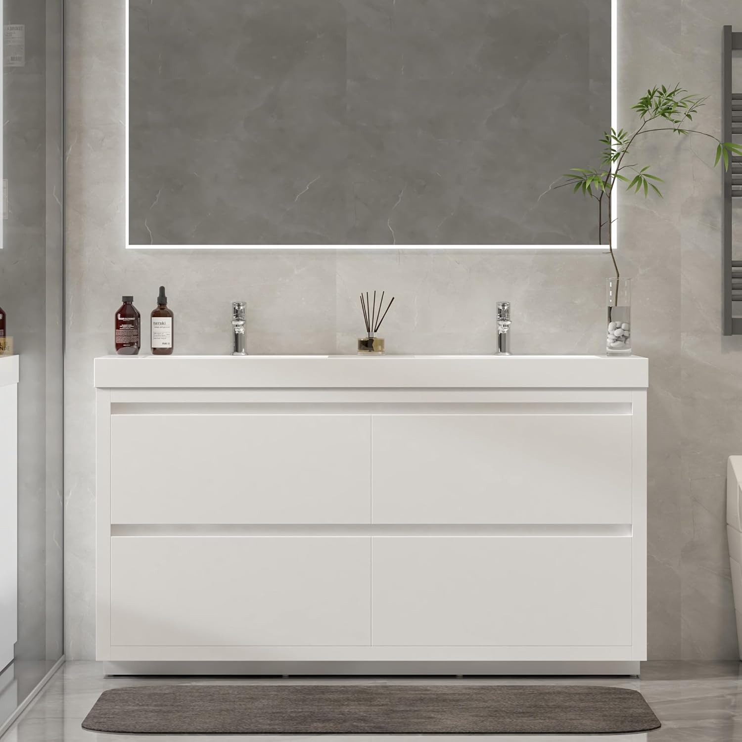 Vanity Art 48" Double Sinks Floor Standing Bathroom Vanity Set 2 Drawers Storage Cabinet with White Engineered Stone Top Undermount Rectangle Sinks High-Glossy Finish(NOT Include Mirror)