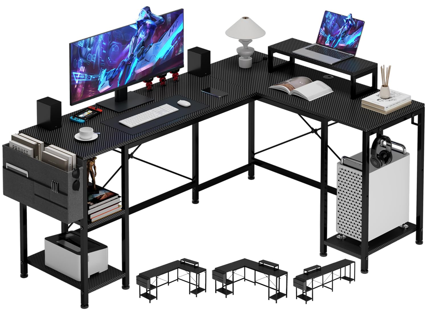 GIKPAL Computer Desk, 59 inch L Shaped Desk with Reversible Storage Shelves and Power Outlets, Gaming Desk with Adjustable Monitor Stand, Corner Desk for Home Office(Carbon Black)