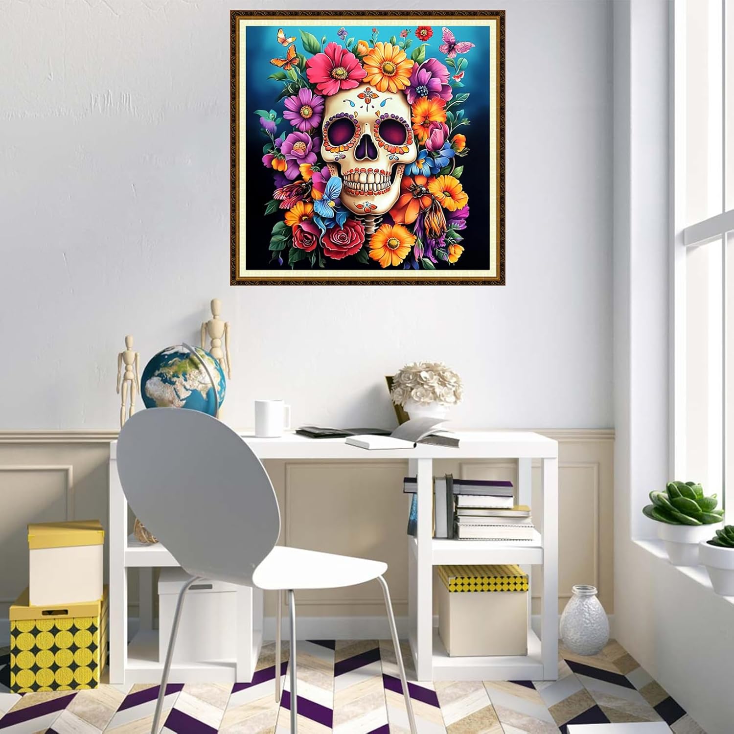 Redxing Counted Cross Stitch Kit for Beginners,Unprinted Needlepoint Kits for Beginners Cross Stitching Embroidery Kit 11CT Stitches kit-Skeleton Flowers 18x18 inch