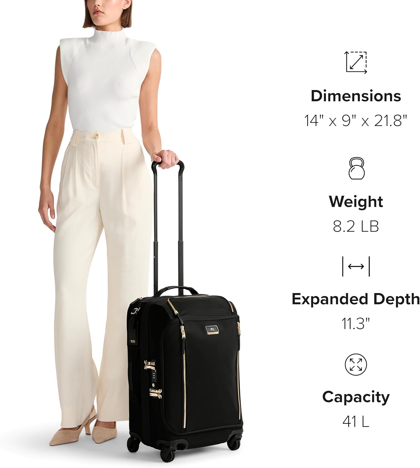 TUMI - Voyageur Leger 4 Wheeled Luggage - Women's Lightweight and Spacious, Sleek Silhouette, Durable Premium Suitcase - 21.8" International Expandable Carry-On, Black with Gold Hardware