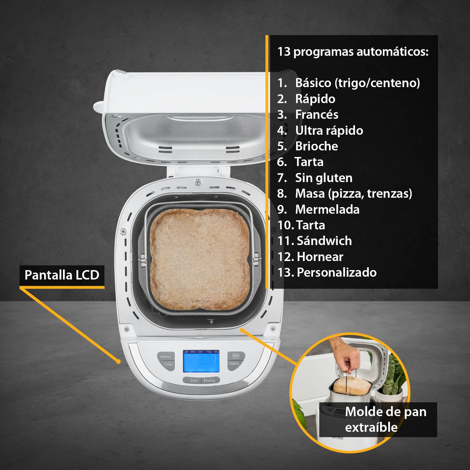 TZS First Austria - Panificadora Eléctrica 900g - 13 Programas Automáticos - Control de Tostado - Temporizador y Función Mantener Caliente - Calidad Vienesa - Blanco