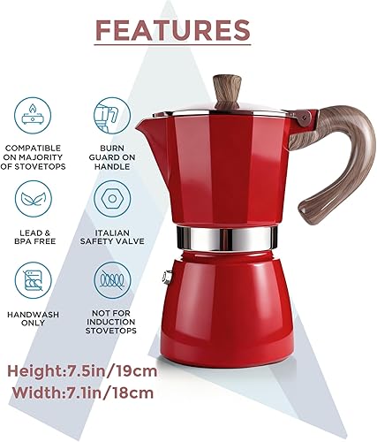 Miniatura 6 de AGOGO Milano Moka - Cafetera espresso para estufa, greca, cafetera turca con filtro de papel, 6 tazas, color rojo