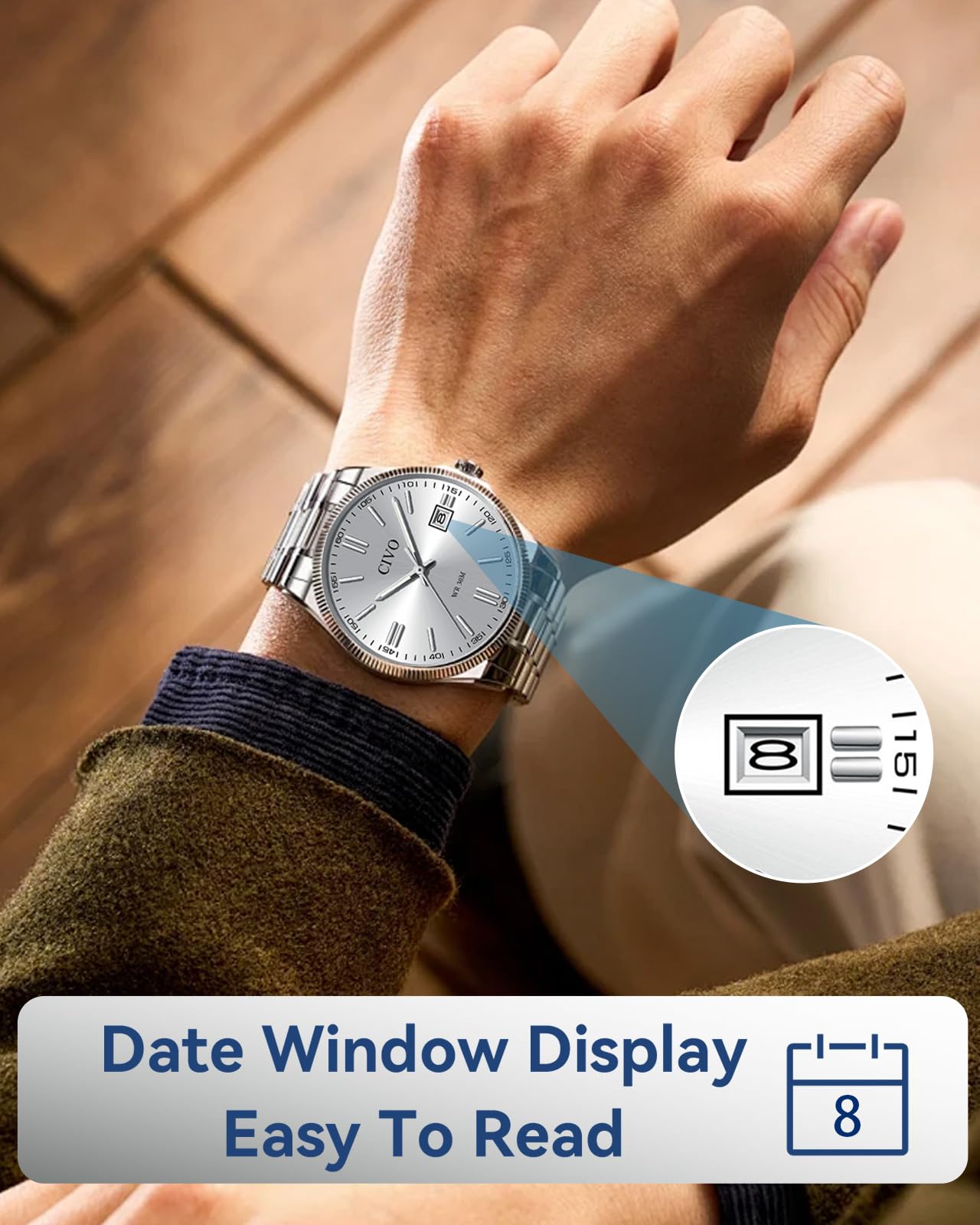 CIVO Analog Mens Watches Silver: Wrist Watches with Date Easy to Read - Dress Stainless Steel Watch for Men Gifts for Husband Father at Birthday Anniversary