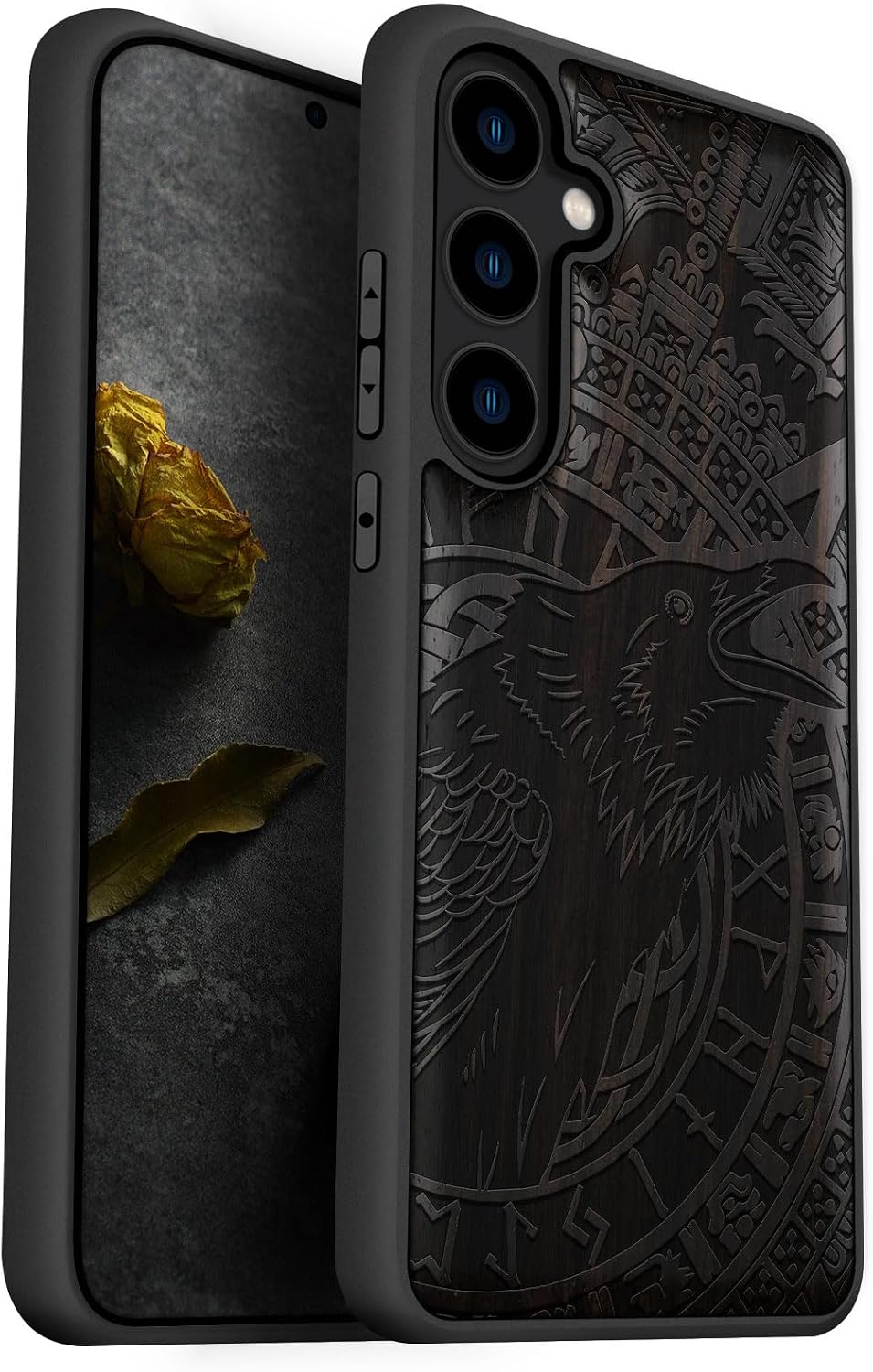 Carveit Wood Case for Galaxy S24 Plus Case [Natural Wood & Black Soft TPU] Shockproof Protective Cover Unique Wooden Design Compatible with S24 Plus (Runic Raven Call-Blackwood)