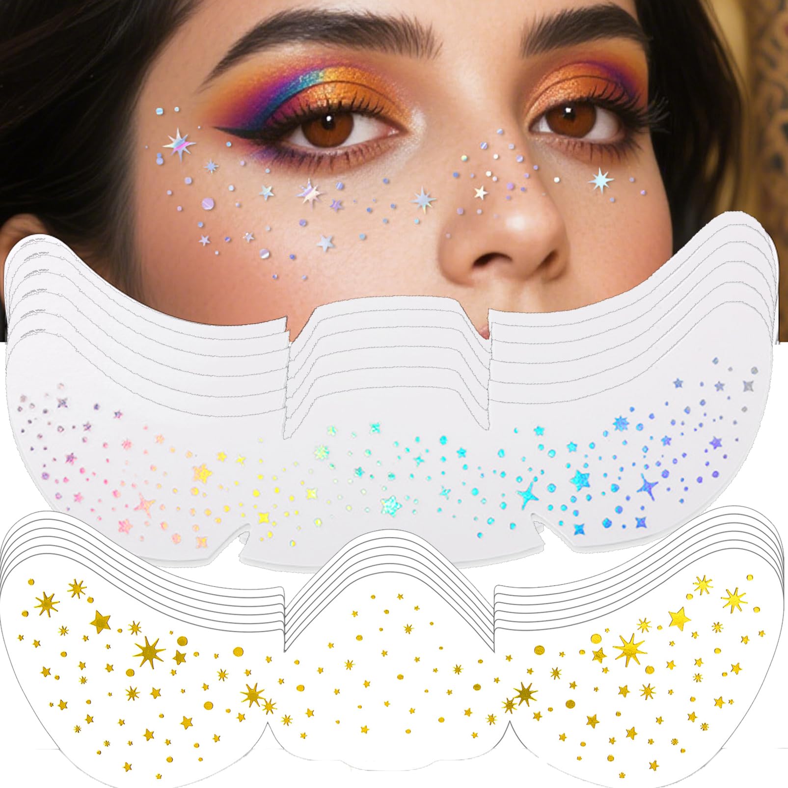 12PCS Holographic and Gold Glitter Freckles Face Tattoo,Multichrome Sparkle Makeup Patches Face Shimmer Tattoo Festival Essentials Waterproof Temporary MakeupTattoo for Teenagers & Women