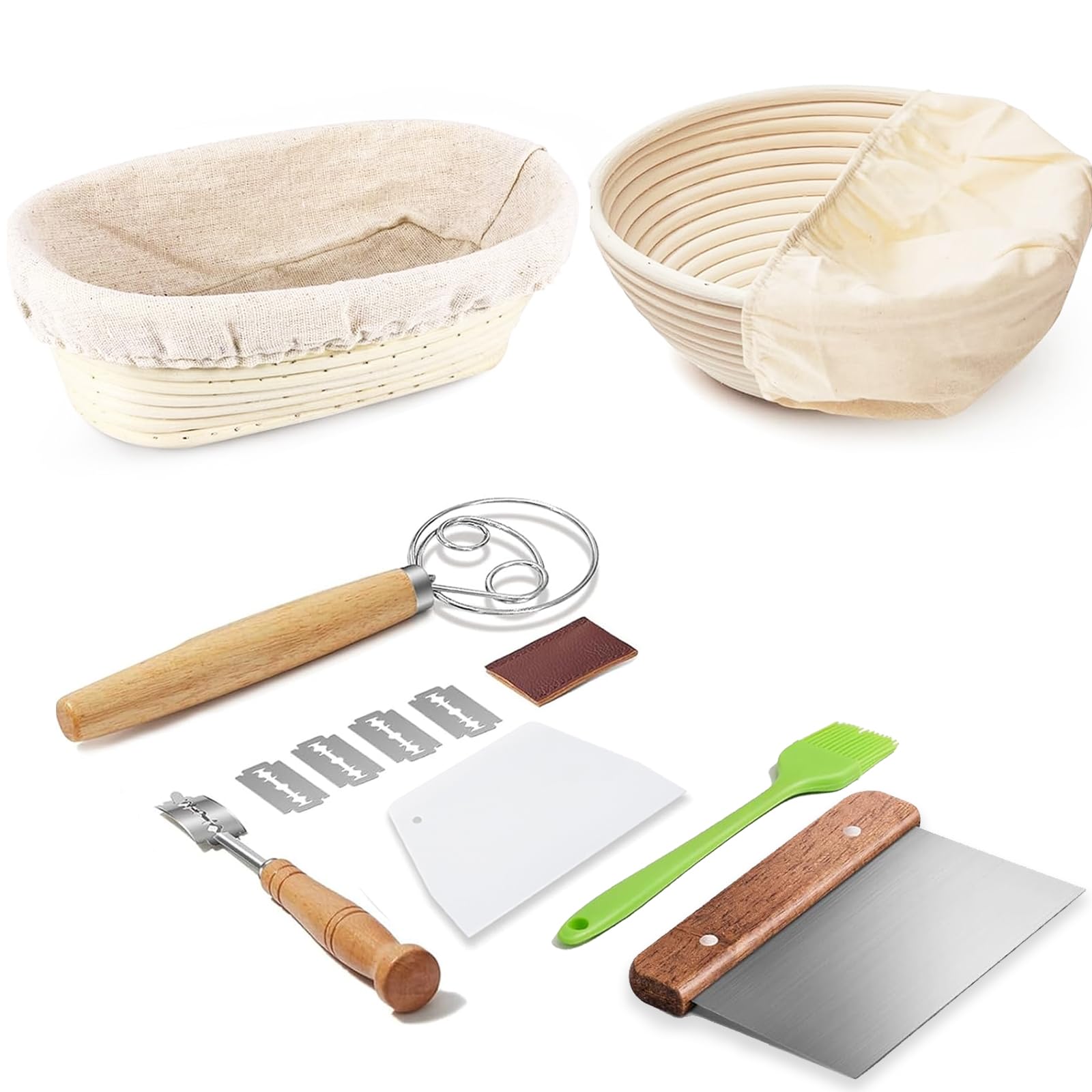 Dimpola Banneton Bread Proofing Basket Banneton Basket Set Sourdough Proofing Basket Round Proofing Bowls Handmade Rattan Baskets and Liners (Oval &amp; Round Baking Set)
