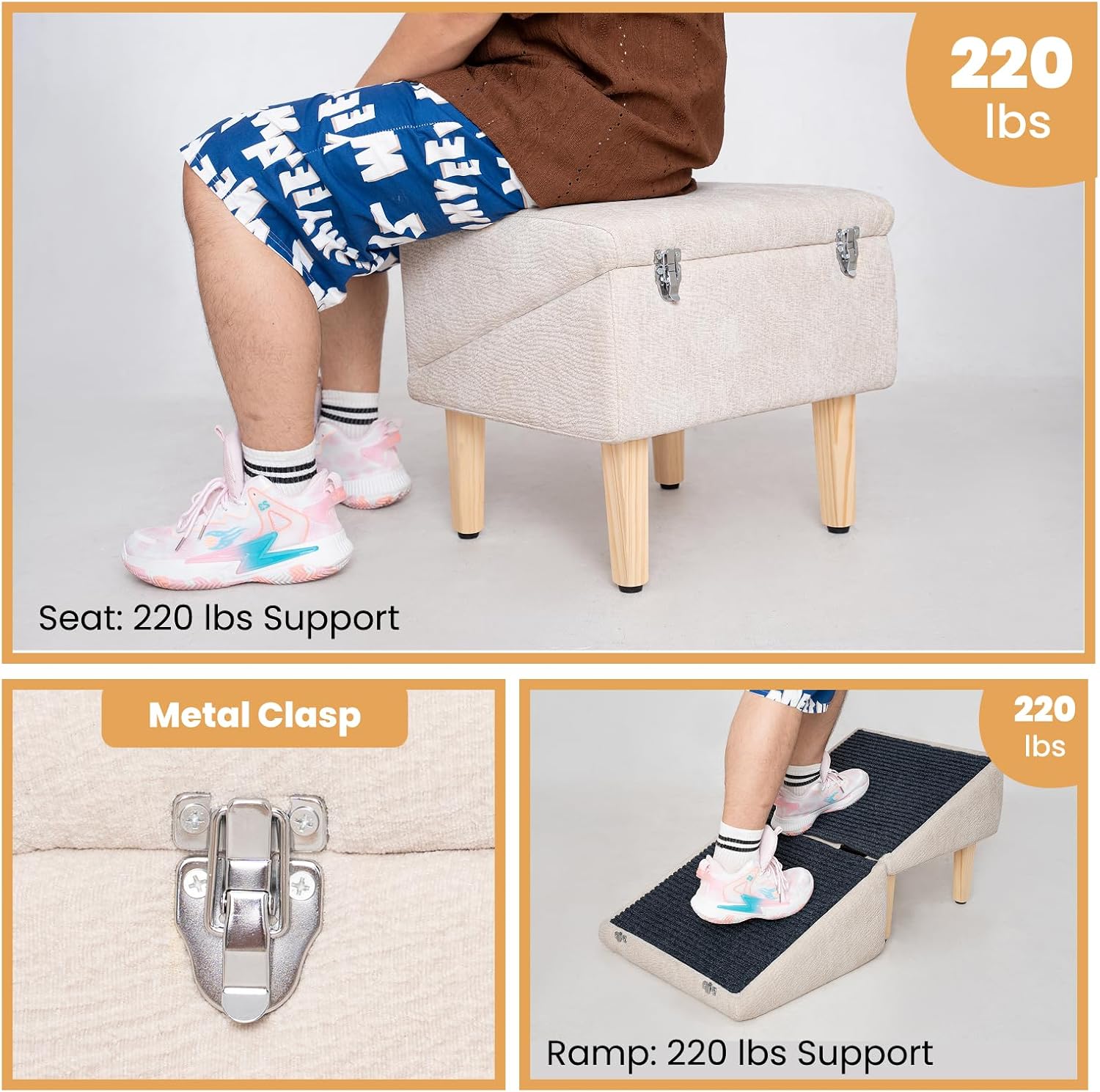 3-in-1 Dog Ramp 18.9"×17.7"×18.9" with Storage – Pet Stairs for Senior & Injured Dogs & Cats, Hidden Storage Footstool, Ottoman Anti-Slip, Supports 220 lbs for Beds & Sofas