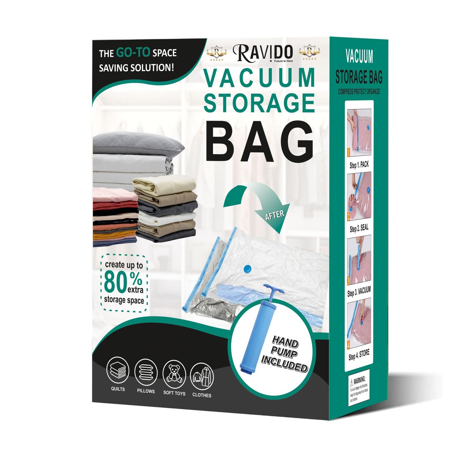 Ravido Vacuum Storage Bags 20 Pack Jumbo Vacuum Bag Space Saver Bags Seal with Pump Vacuum Sealer Bags For Clothes, Comforters, Blankets, Bedding, Pa+Polyethylene