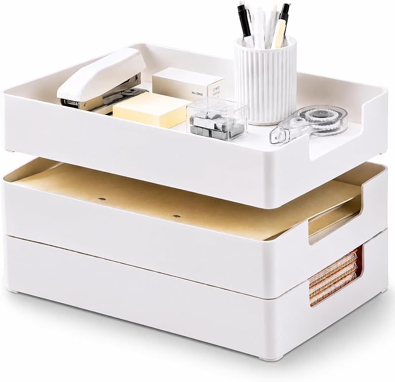 3 Pack Letter Tray, Plastic Stackable A4 Paper Trays, Rectangular Desk Drawer Organizer, File Holder for Desktop, Office Supplies Storage, White