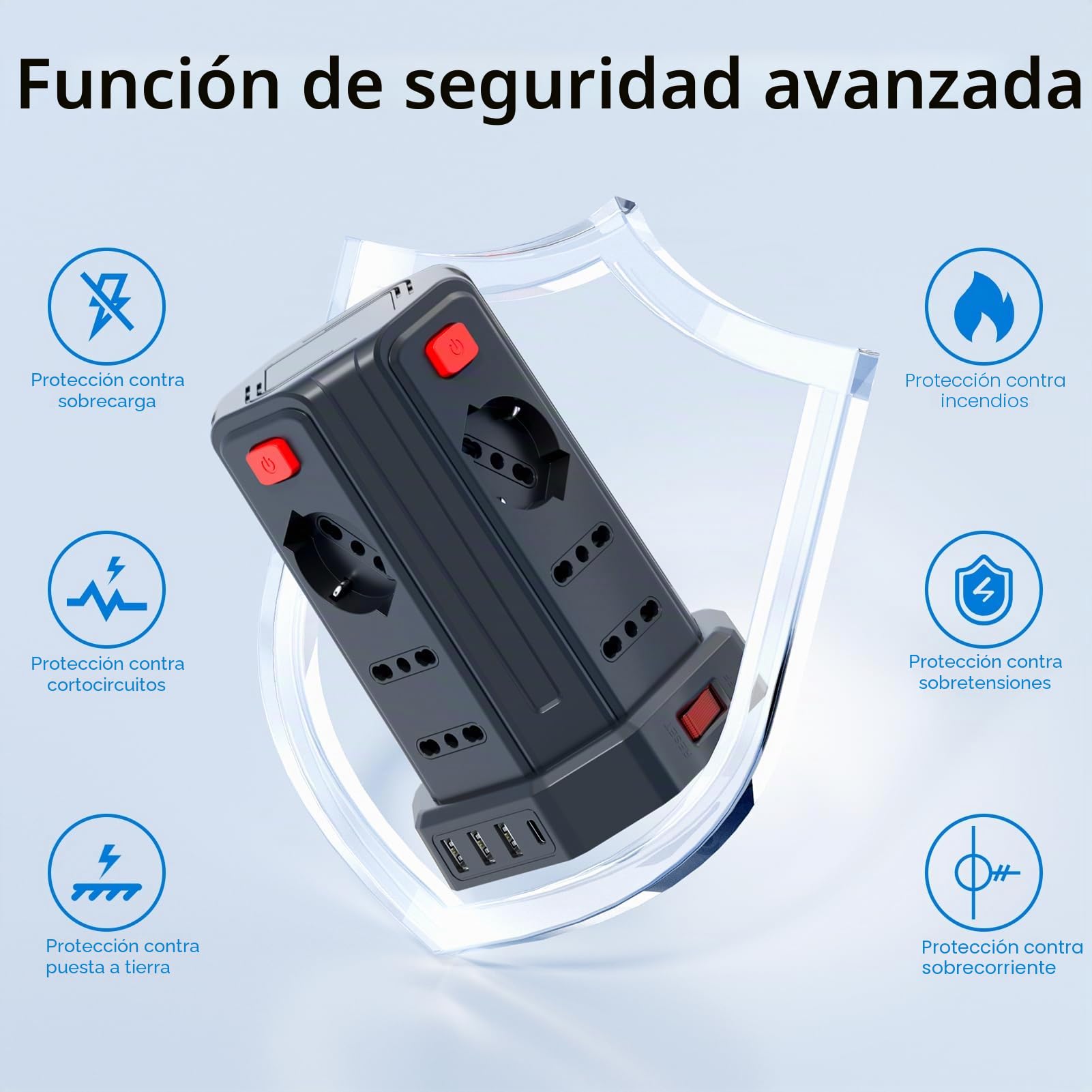 Regleta eléctrica con 12 Tomas universales 10/16 A ITA y Schuko y 3 USB A+1 USB C protección contra sobretensión con 4 interruptores Independientes, Negro