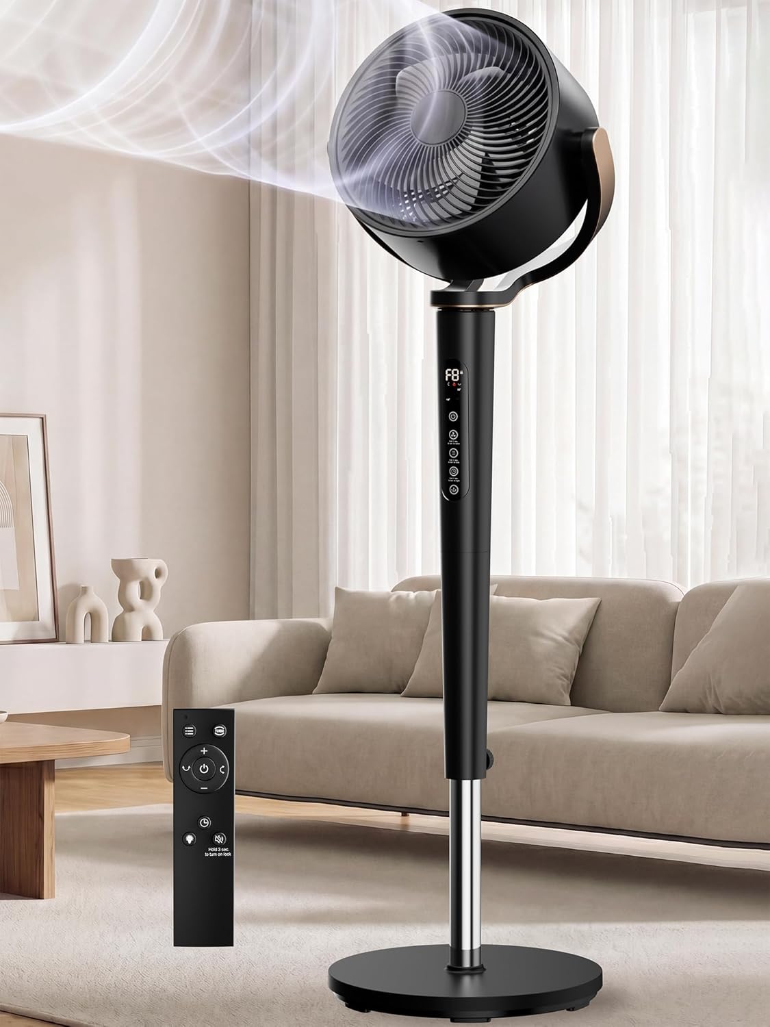 Uthfy 38-46” Oscillating Fan for Bedroom, 120°+120° Full-Automatic Oscillation, Height Adjustable, 120FT, DC Motor Quiet Standing Fan wit Remote, 16 Speeds, 4 Modes, 12H Timer, Black