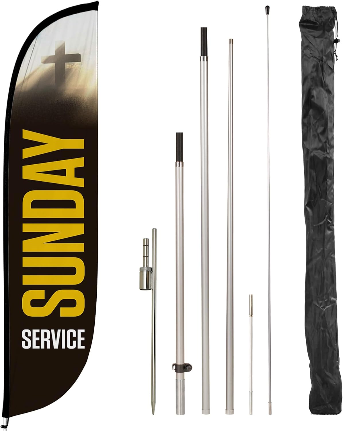 LookOurWay Feather Flag Set, 12 ft Advertising Flag with Fiberglass Poles and Ground Spike for Business Promotion, Church Theme (Sunday Service)