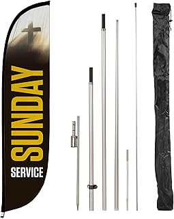 LookOurWay Feather Flag Set, 12 ft Advertising Flag with Fiberglass Poles and Ground Spike for Business Promotion, Church Theme (Sunday Service)
