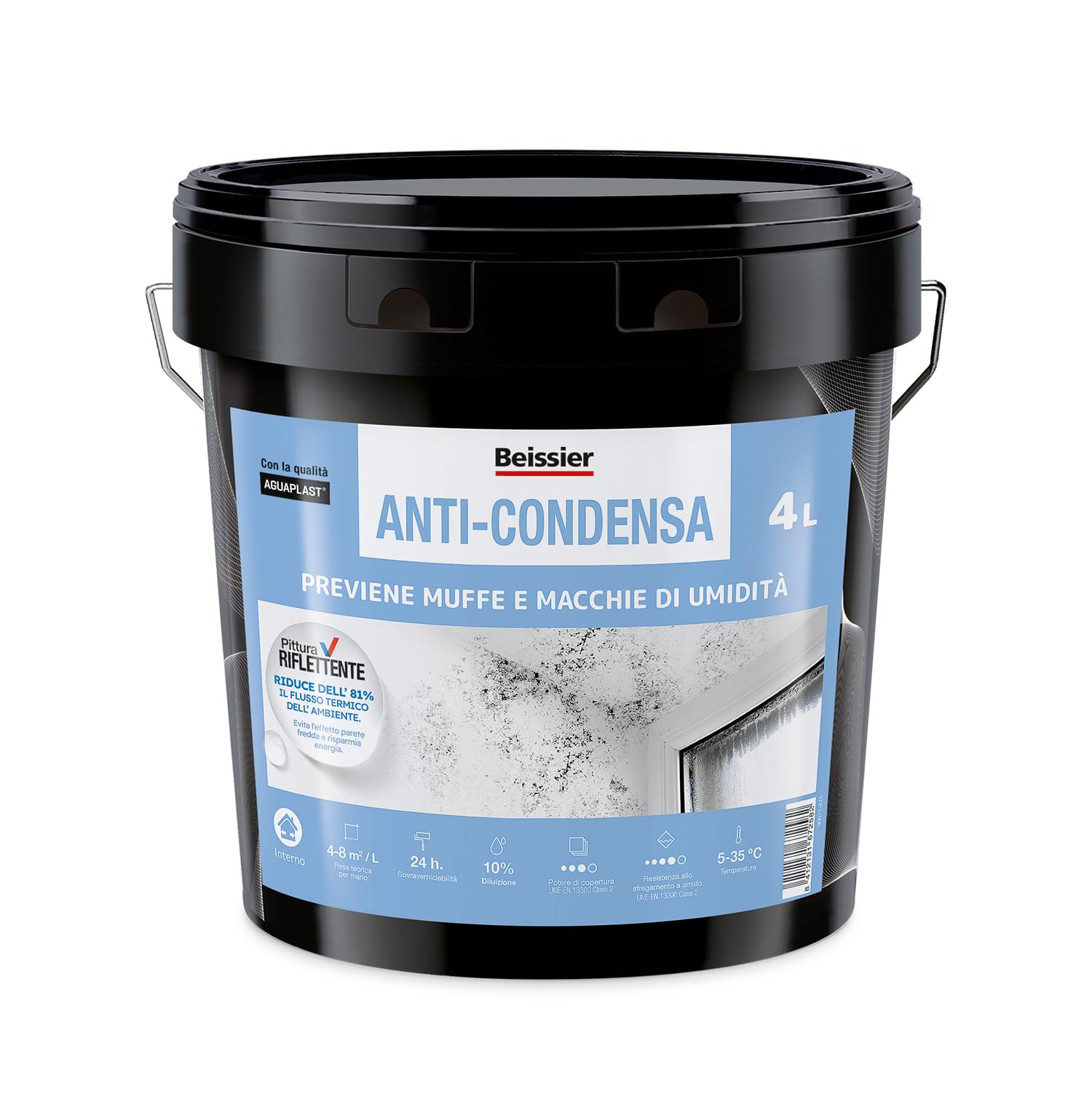 Pittura Antimuffa e Anticondensa per Interni Aguaplast – Elimina Muffa e Umidità – Isolante Termico per Pareti Fredde – Ideale per Bagno e Cucina – Bianco 4lt