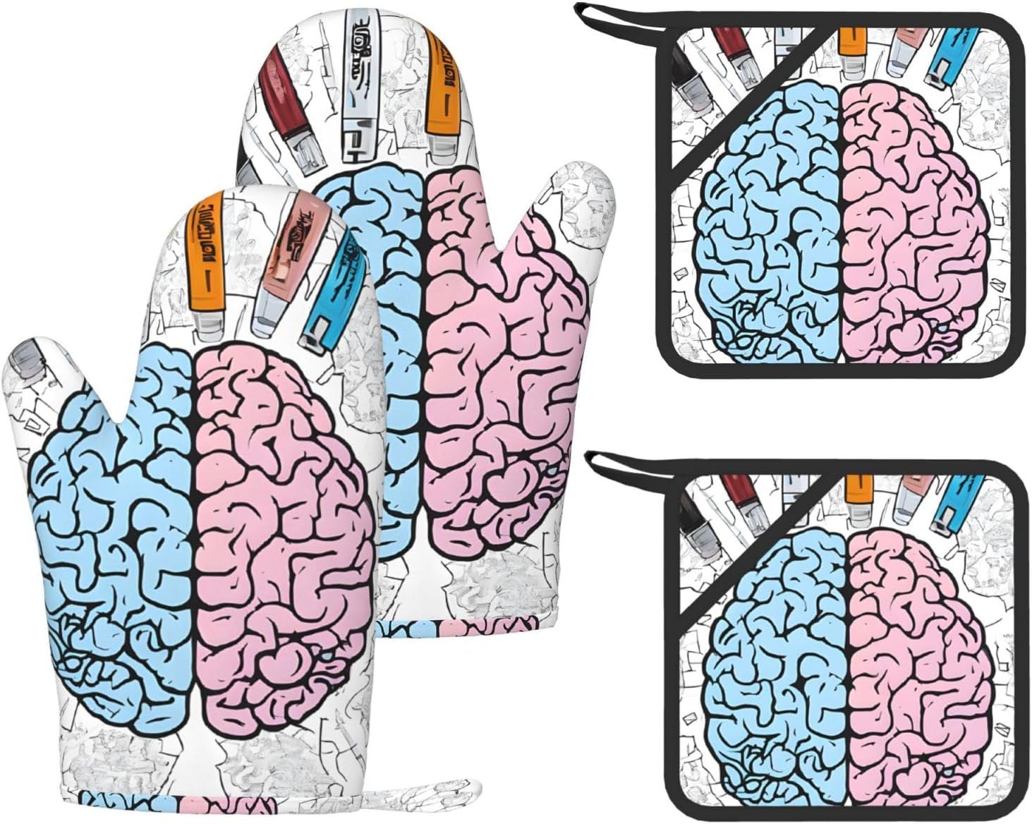 Human Brain 4pcs Oven Mitts and Pot Holders Sets for Kitchen, Silicone Oven Gloves Non-Slip Potholders Hot Pads for Baking Cooking