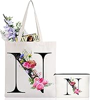 Vista 18 de Andeiltech - Bolsa de lona con inicial floral, personalizada, bolsa de maquillaje con monograma, regalo para damas de honor, cumpleaños, boda