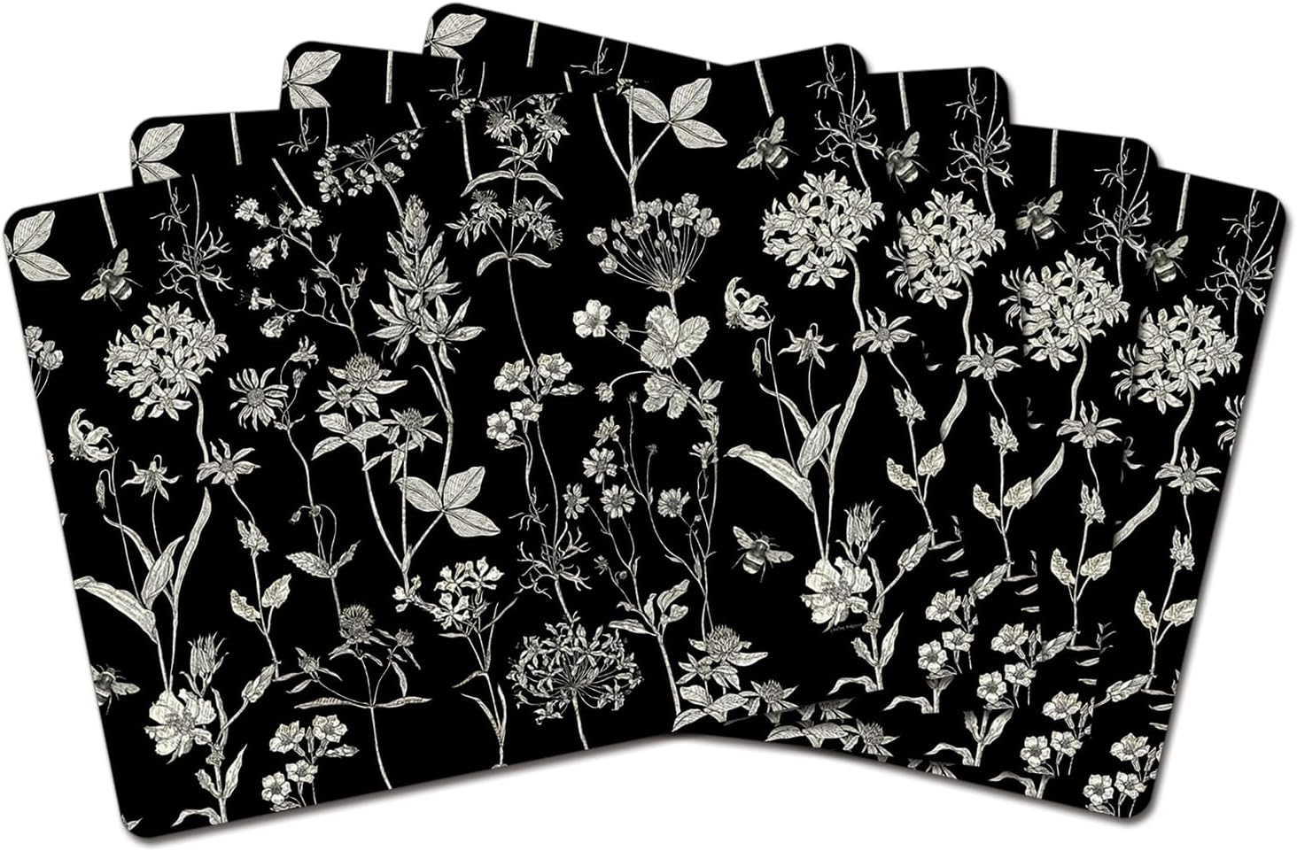 Cala Home Black & White Midnight Garden Premium Decorative Hardboard Tabletop Placemats 4 Pack Manufactured in The USA Artistic Easily Wipes Clean