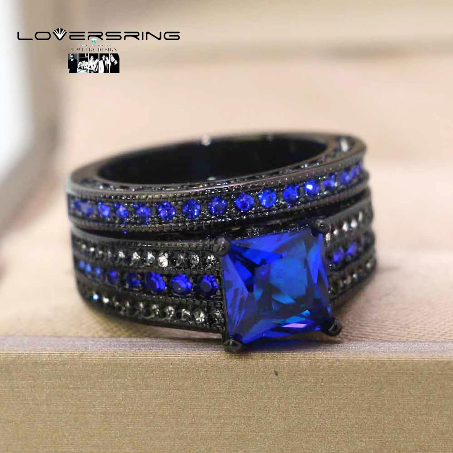 His and Hers Wedding Ring Sets Couples Rings Women 10K Black Gold Filled Blue Cz Wedding Engagement Ring Bridal Sets Men's Wedding Band