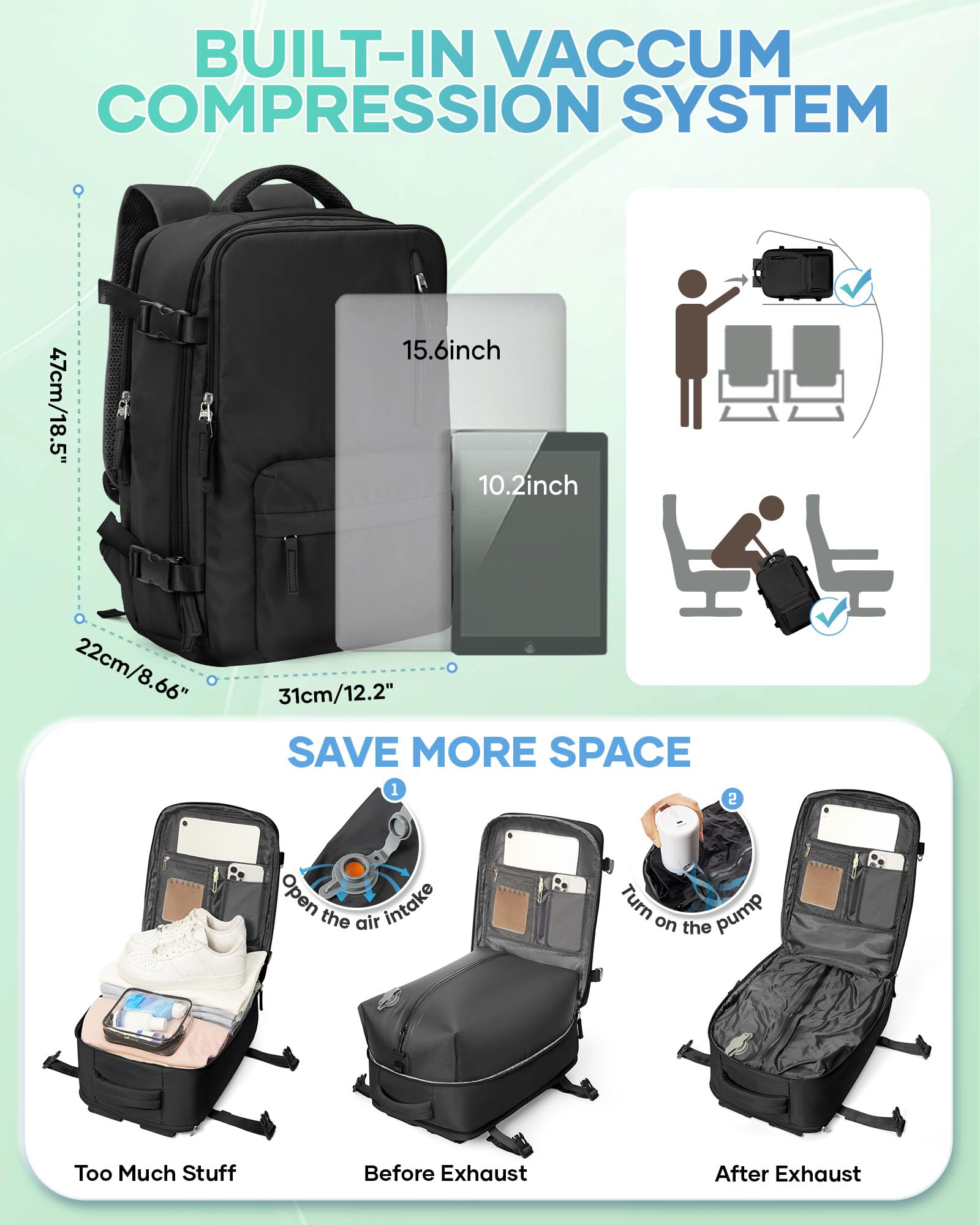 SZLX Zaino Ryanair 40x30x20 Sottovuoto Bagaglio a Mano 40x20x25 Donna Zaino da Viaggio 40x30x20 Wizzair Borse da Cabina per Easyjet 45x36x20 Uomo per Laptop 14 Pollici con Porta USB e Porta Scarpe