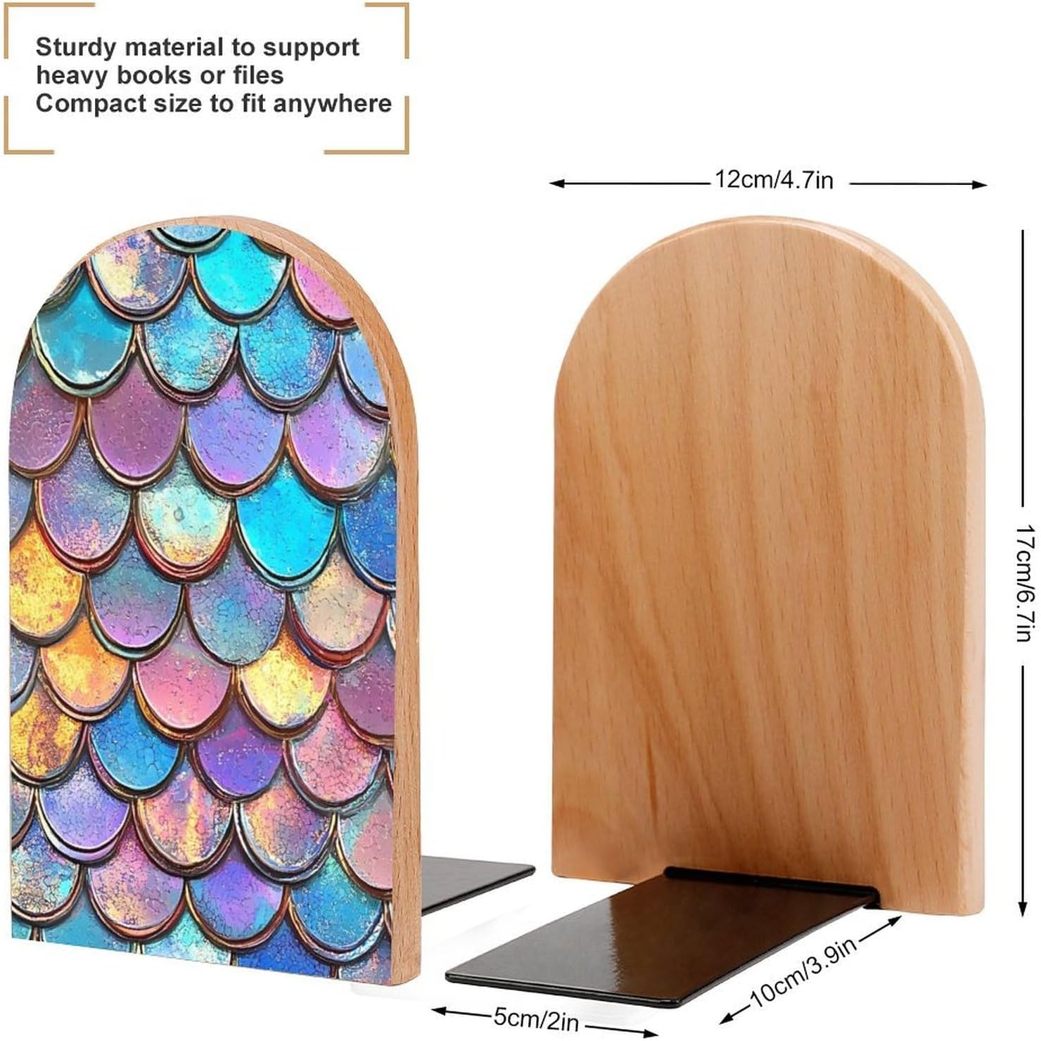 Mermaid Fish Scale Sequin Cute Wood Book Ends Decorative Bookends 1 Pair Non-Skid for Shelves Home Office 7 X 5 Inch