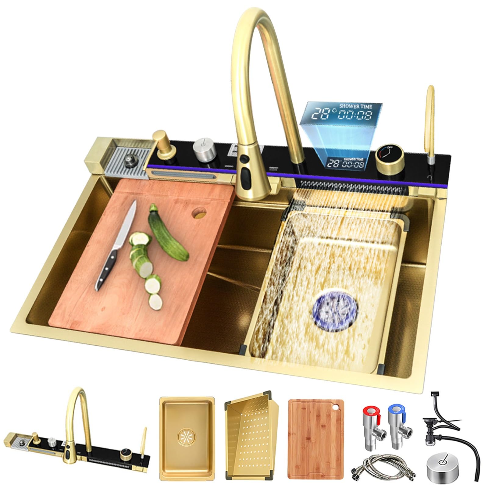 HYSOPSPX Stainless Steel Multifunctional Waterfall Kitchen Sink, Temperature Display, Large Single Bowl Workstation Bar Sink with,Topmount,with Various Accessories(Gold,85x46x22cm)