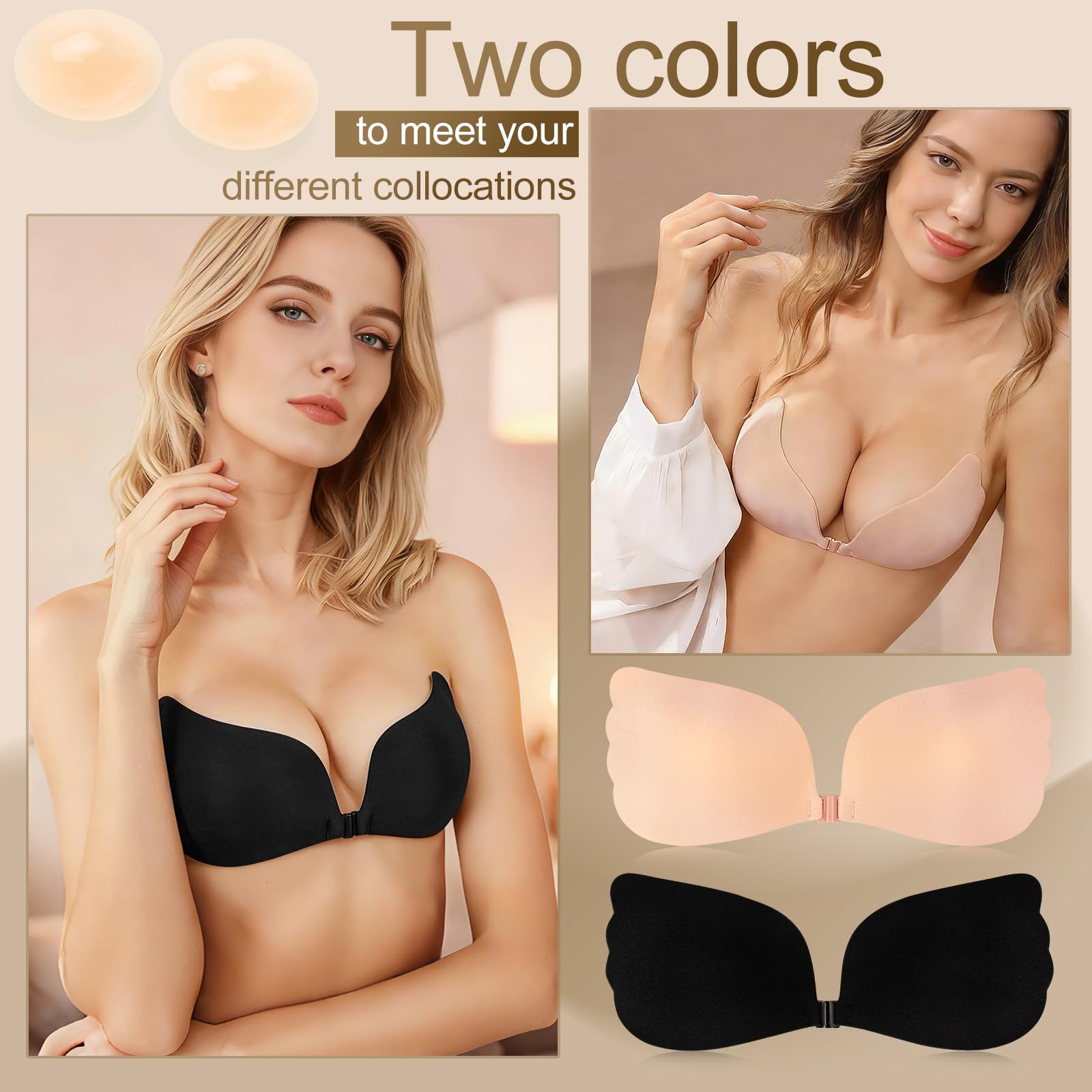 Sujetador Adhesivo Push Up, 2 Piezas Sujetador Invisible Reutilizables con Nipple Cover Sujetador Sin Tirantes Espalda para Mujer