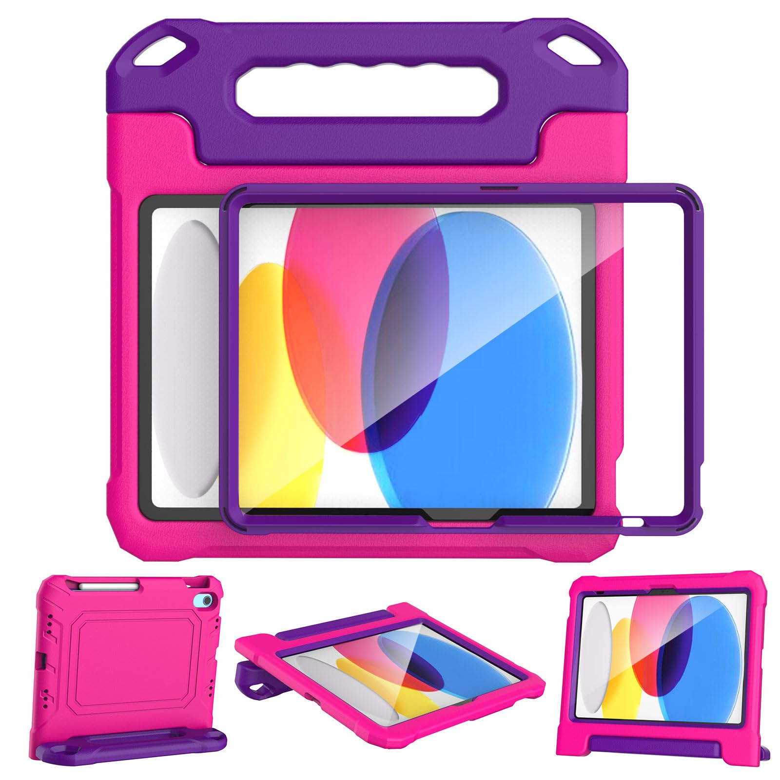 YIHE Kids Case for iPad 10.9 Inch 10th Generation - with Built-in Screen Protector and Pen Holder - Durable Shockproof Cover for iPad 10th Gen 2022 - Pink&Purple