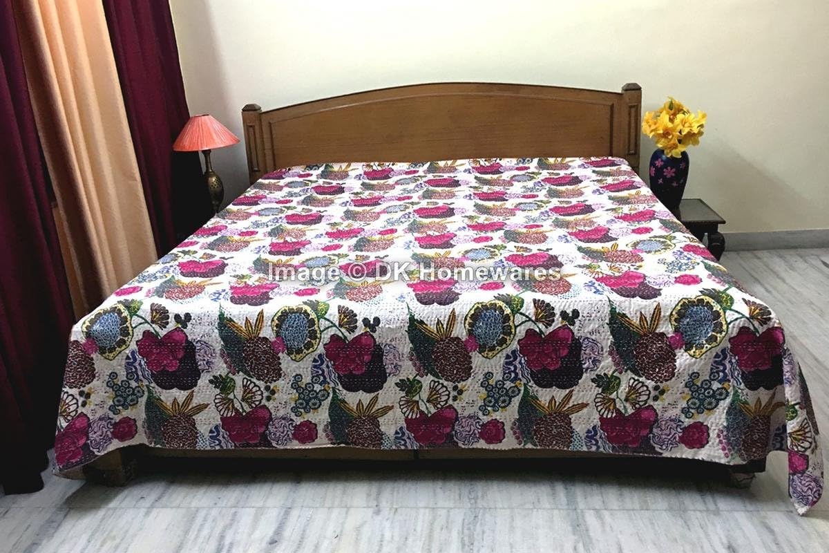 Indian Bohemian White Queen Size Kanta Quilt Decorative Cotton Kantha Work Tropical Fruit Printed Hand Crafted (108 x 90) -Set of 1 Coverlet Bedspread