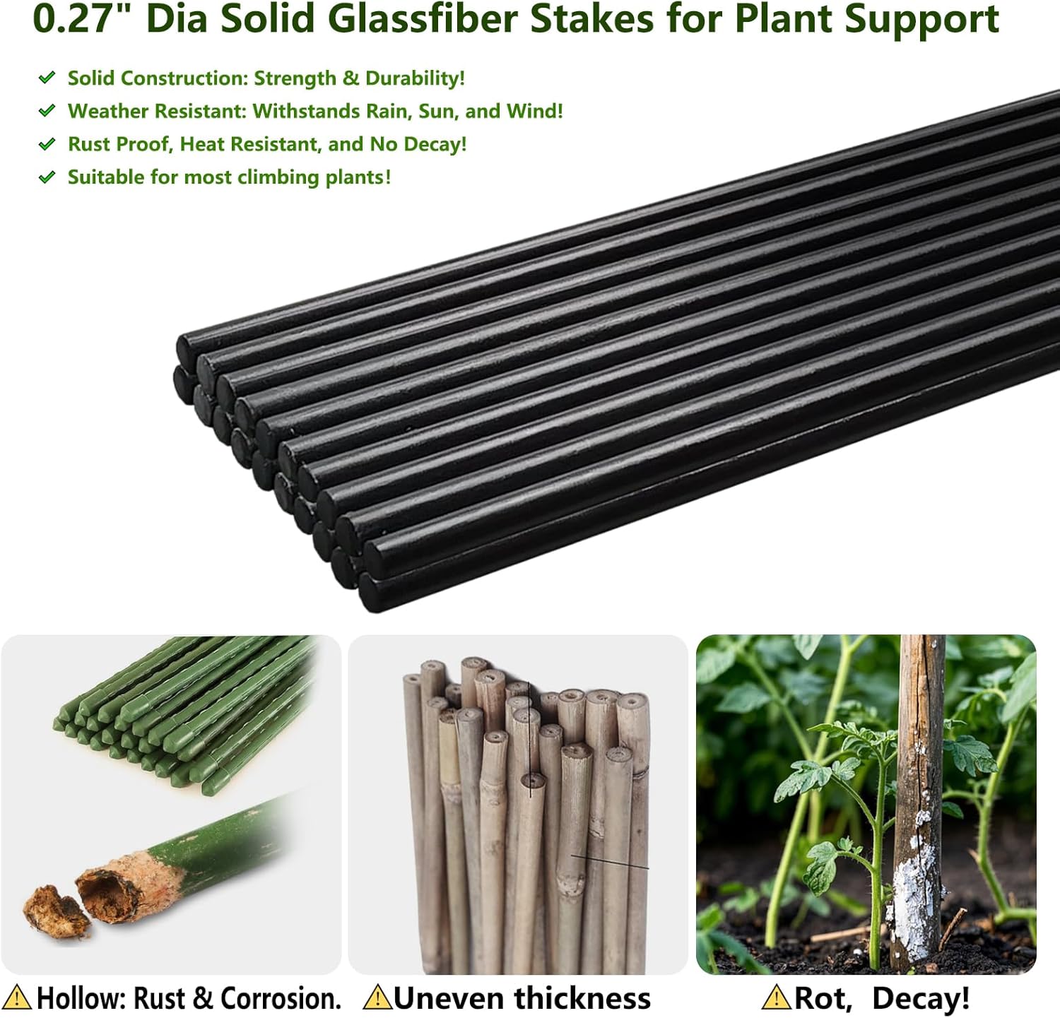 Garden Stakes 48 inch 20 Pack 0.27 Dia Solid Glassfiber Plant Support Rod Tomato Trellis Stakes (Black)