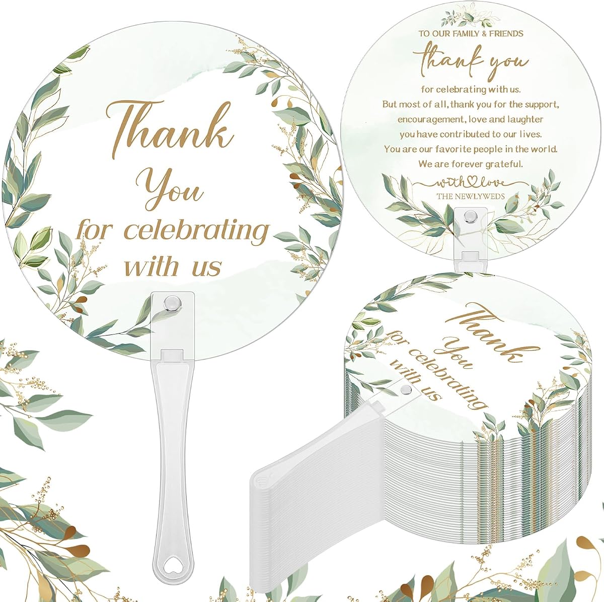 CroBlissful 100 abanicos de mano de boda para invitados a granel, de mano, hoja | Gracias por celebrar con nosotros, abanicos de recuerdo de boda, decoración de fiesta de despedida de soltera de ceremonia de plástico, abanicos de mango para invitados